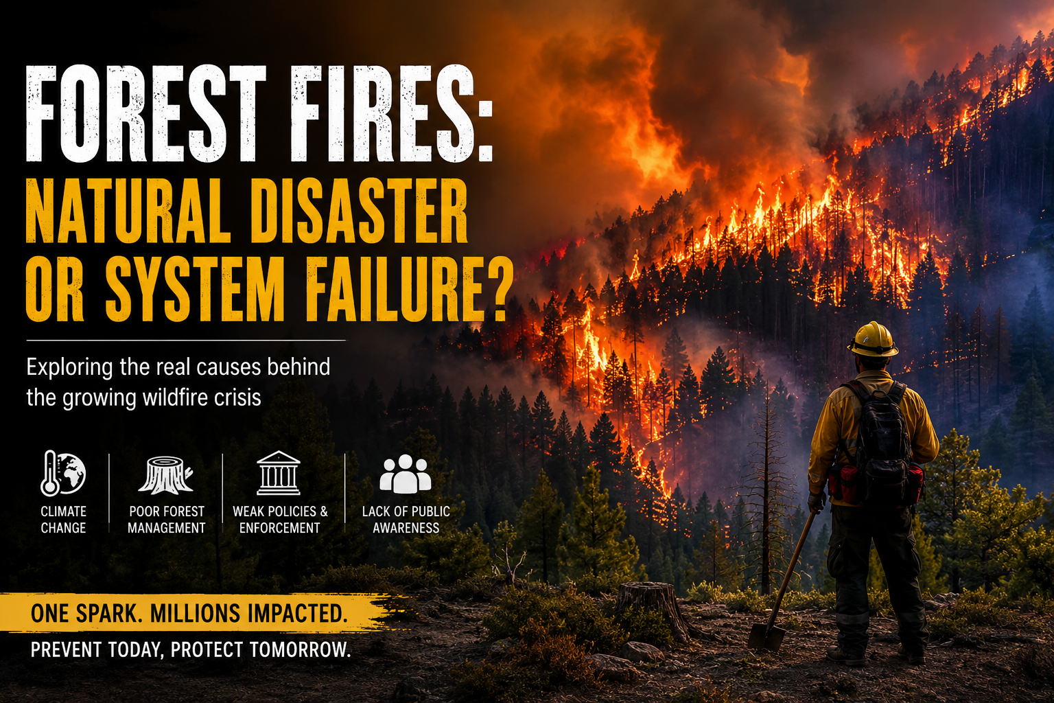 Forest Fires destroying a mountain forest during a severe wildfire event